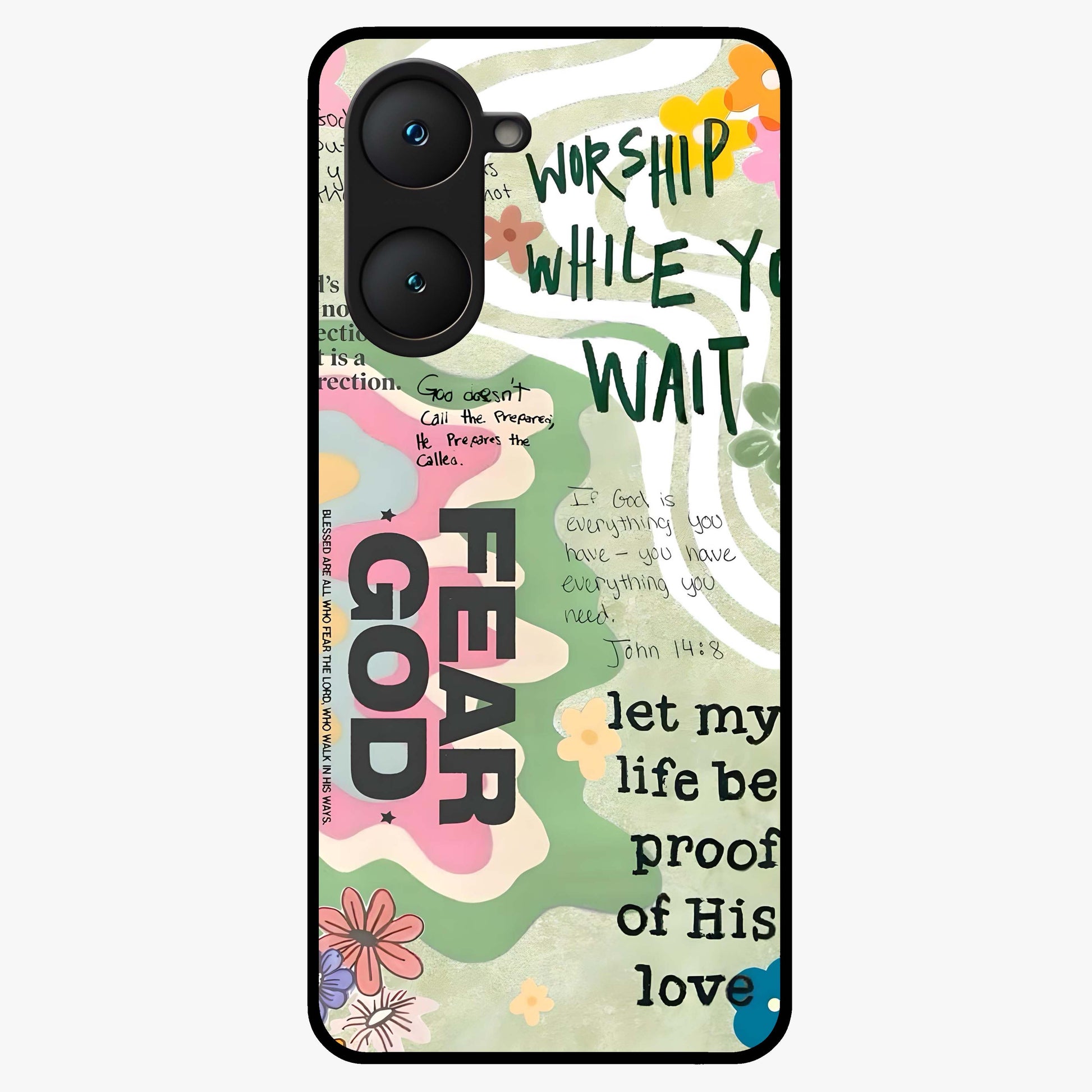 Faith Over Fear Glass Case showing flat back view with motivational typography artwork and glossy glass finish.