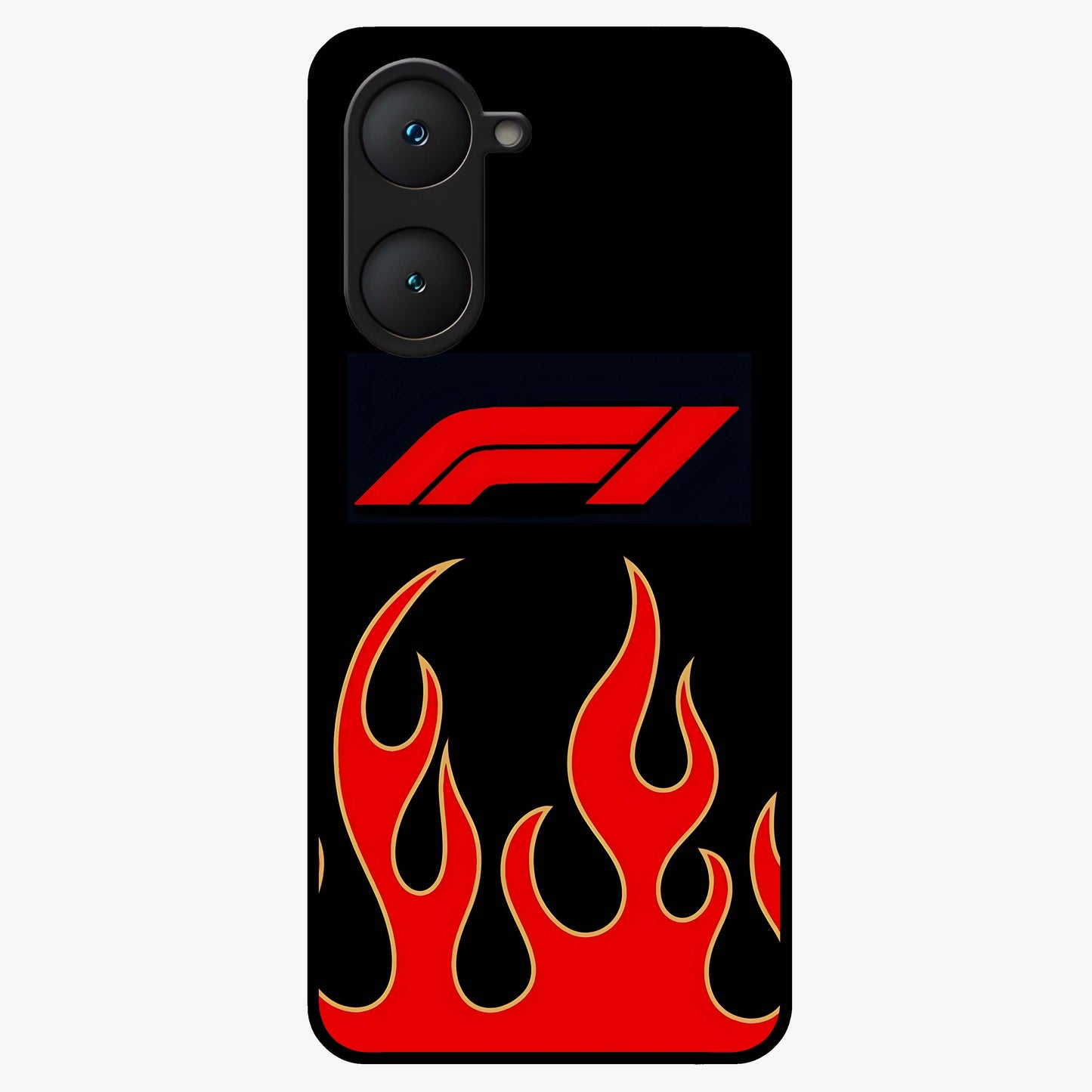 Fire F11 Glass Case showing flat back view with fiery themed artwork and glossy glass finish.