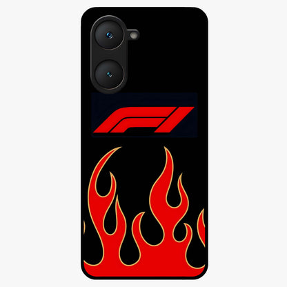Fire F11 Glass Case showing flat back view with fiery themed artwork and glossy glass finish.