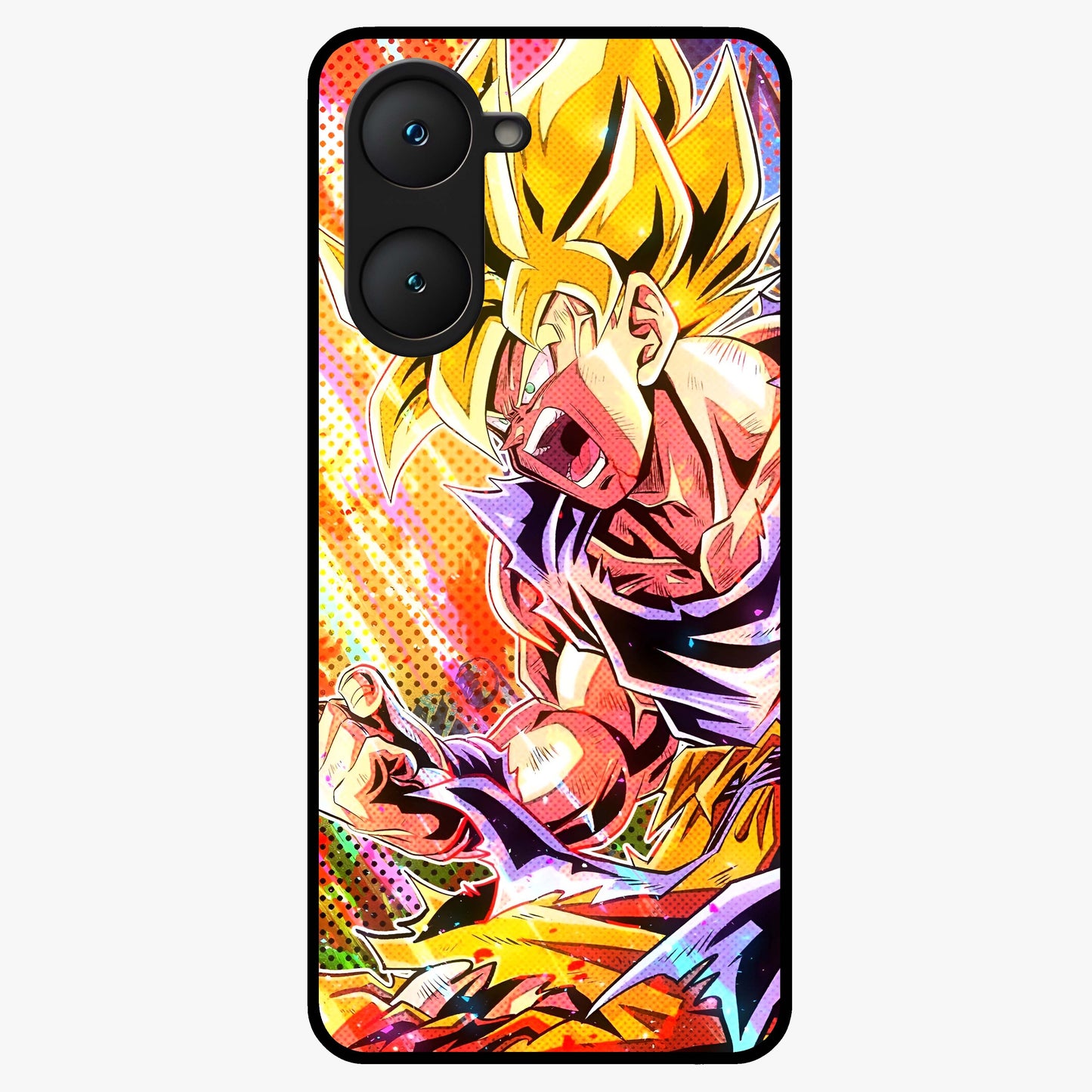 Firing Goku Glass Case showing flat back view with powerful anime inspired artwork and glossy glass finish.