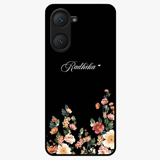 Floral Design With a Custom Personalized Name Glass Case showing flat back view with floral artwork and personalized name design.