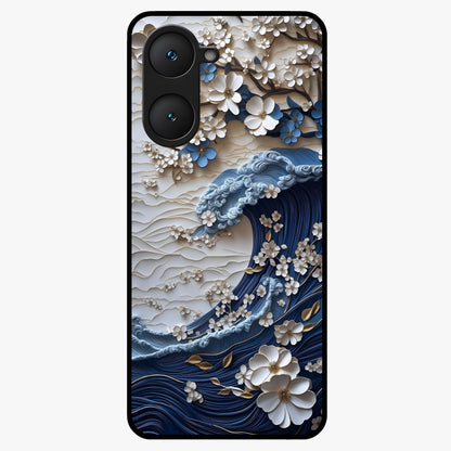 Floral Wave Origami Glass Case showing flat back view with origami inspired floral wave artwork and glossy glass finish.