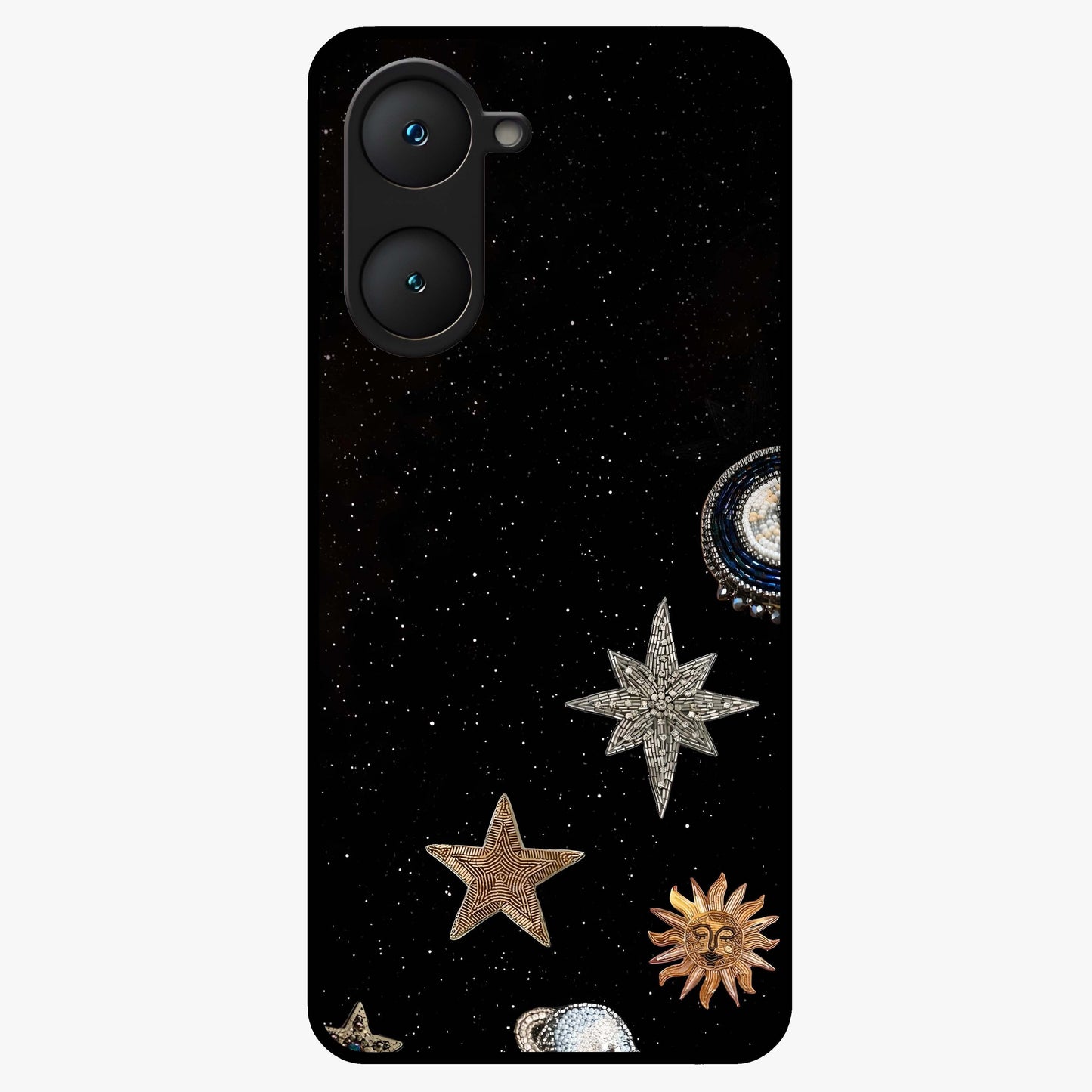 Galactic Charm Glow Glass Case showing flat back view with glowing celestial charm artwork and glossy glass finish.