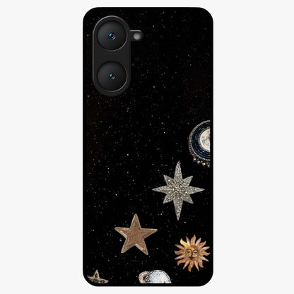 Galactic Charm Glow Glass Case showing flat back view with glowing celestial charm artwork and glossy glass finish.