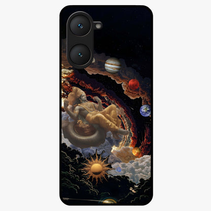 Galactic Divine God Glass Case showing flat back view with divine cosmic themed artwork and glossy glass finish.
