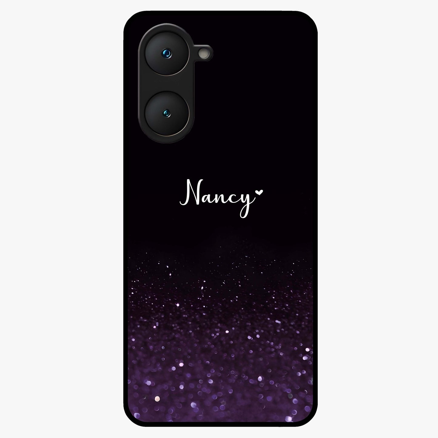 Glittery Purple Bokeh Custom Name Glass Case showing flat back view with purple bokeh sparkle artwork and personalized name design.