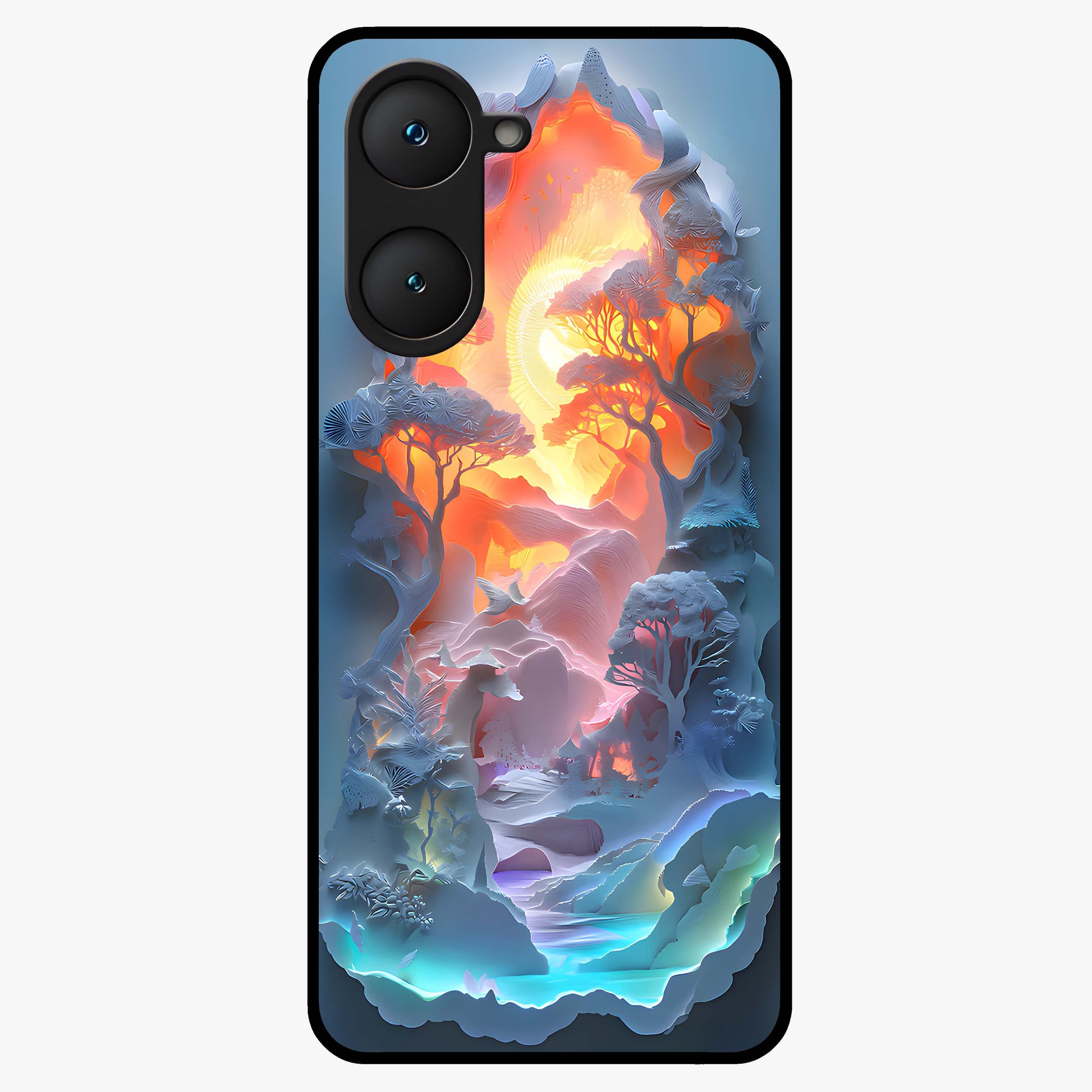 Glow Forest Portal Glass Case showing flat back view with glowing forest portal artwork and glossy glass finish.