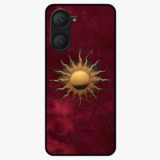 Gold Sun Blush Glass Case showing flat back view with golden sun inspired artwork and glossy glass finish.