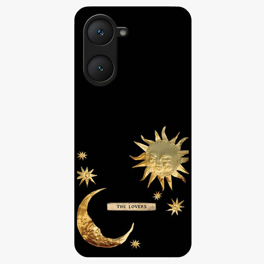 Golden Celestial Charm Glass Case showing flat back view with golden celestial charm artwork and glossy glass finish.