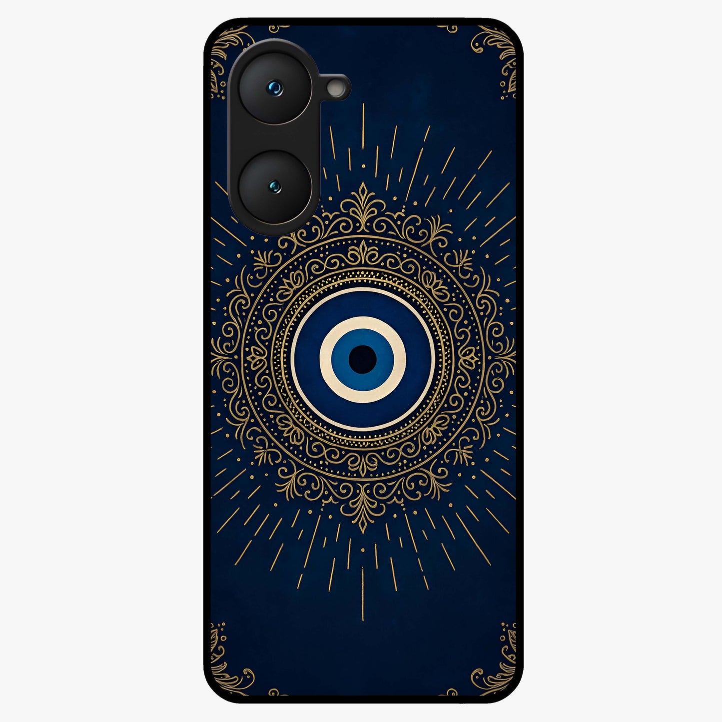Golden Evil Eye Mandala Glass Case showing flat back view with intricate evil eye mandala artwork and glossy glass finish.