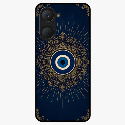 Golden Evil Eye Mandala Glass Case showing flat back view with intricate evil eye mandala artwork and glossy glass finish.