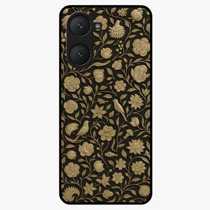 Golden Floral Majesty Glass Case showing flat back view with luxurious golden floral artwork and glossy glass finish.