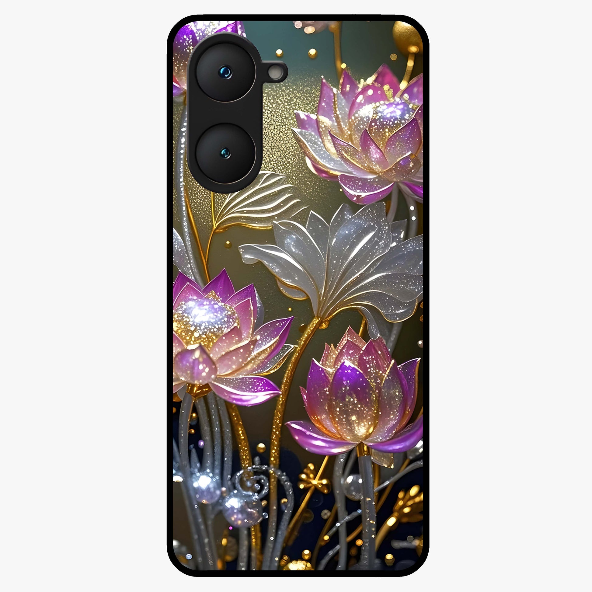 Golden Lotus Glow Glass Case showing flat back view with glowing lotus flower artwork and glossy glass finish.