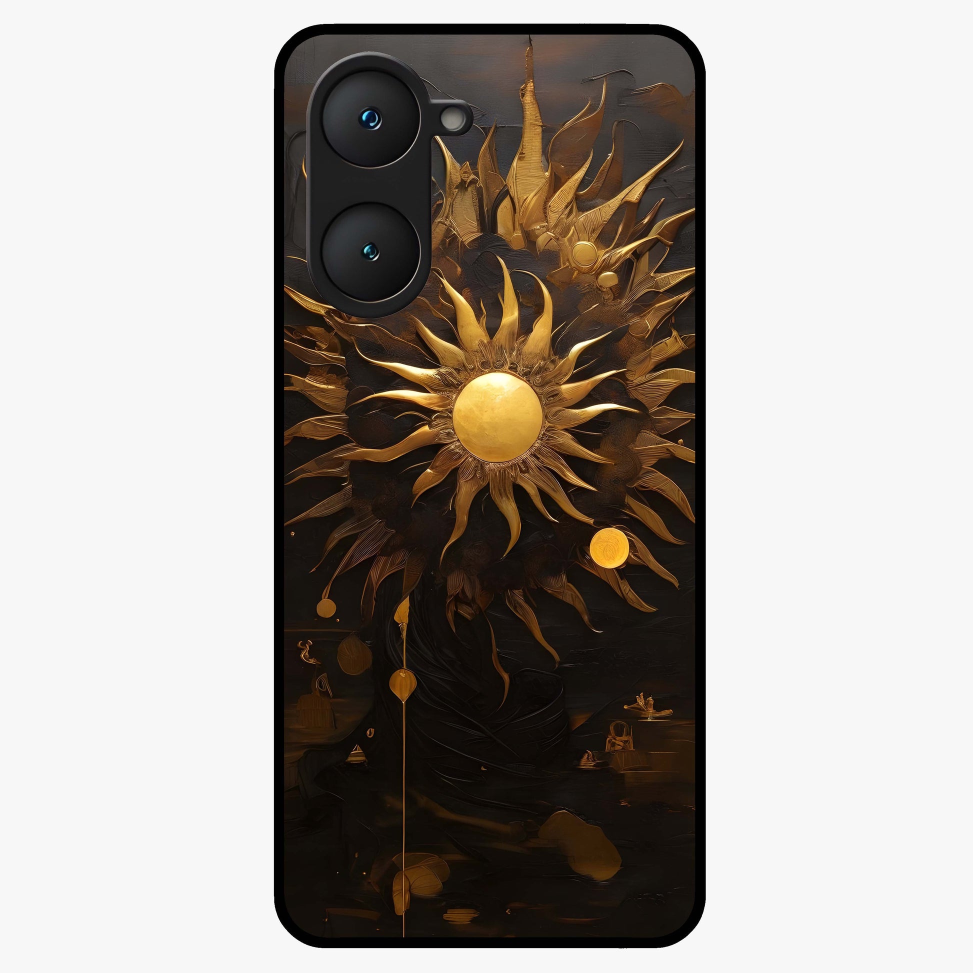 Golden Sun Majesty Glass Case showing flat back view with radiant golden sun artwork and glossy glass finish.