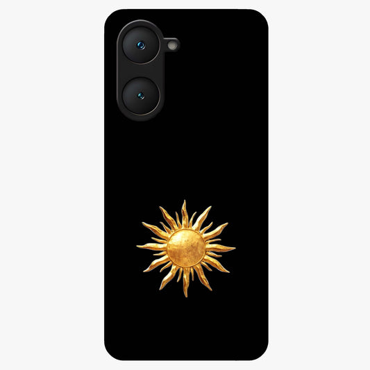 Golden Sun Minimalism Glass Case showing flat back view with minimal golden sun artwork and glossy glass finish.