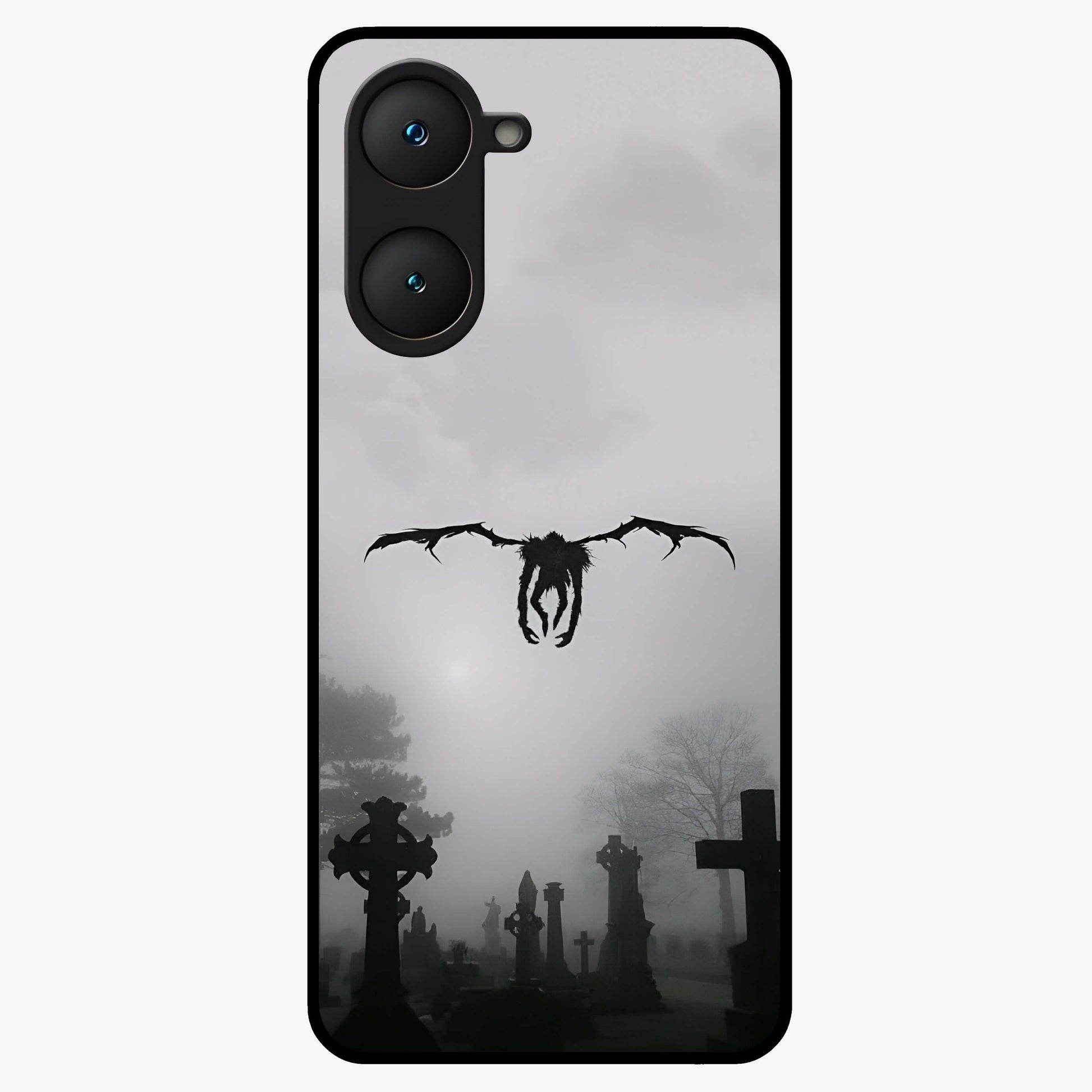 Graveyard Shadow Descent Glass Case showing flat back view with dark graveyard themed artwork and glossy glass finish.