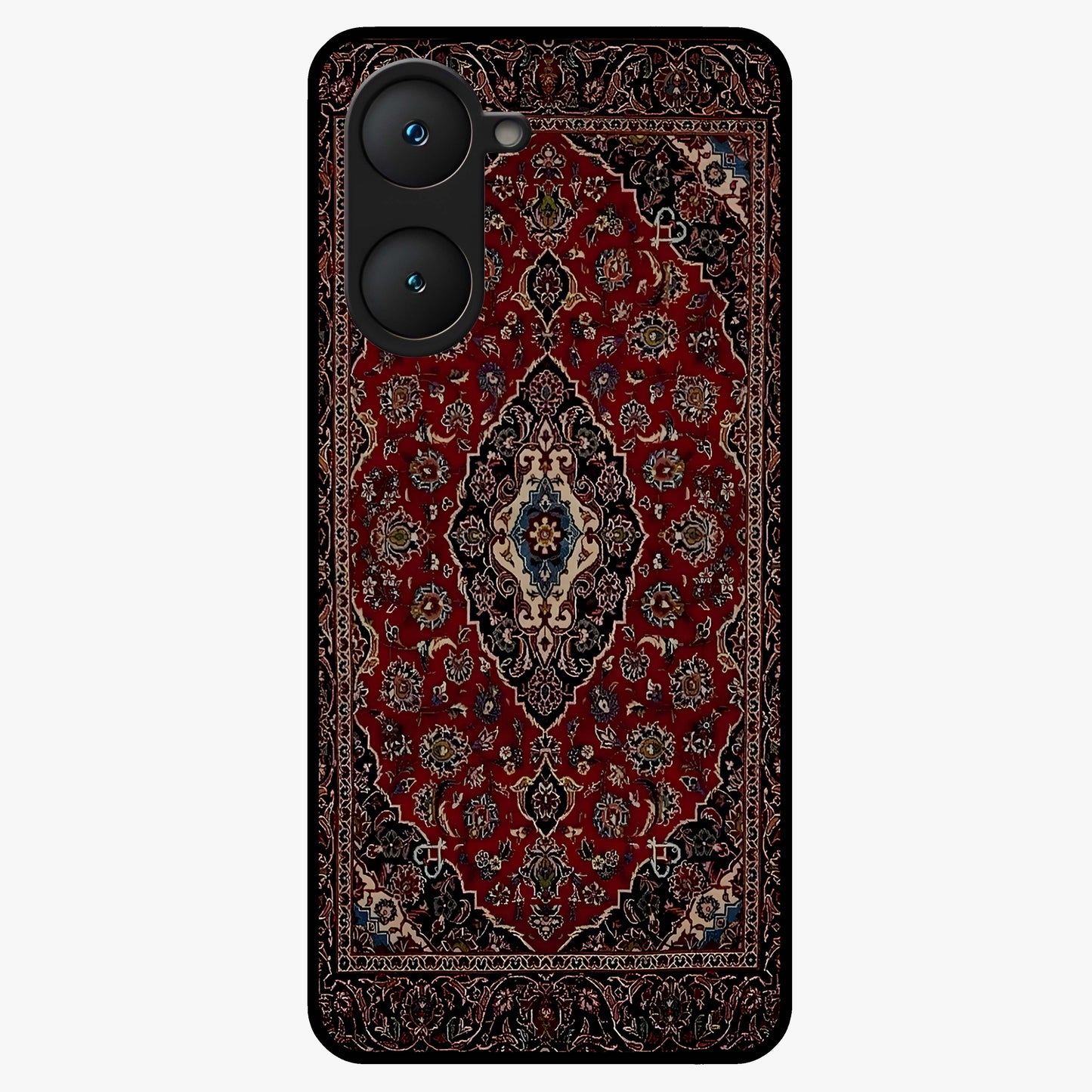 Heritage Carpet Royale Glass Case showing flat back view with ornate Persian carpet inspired pattern and glossy glass finish.