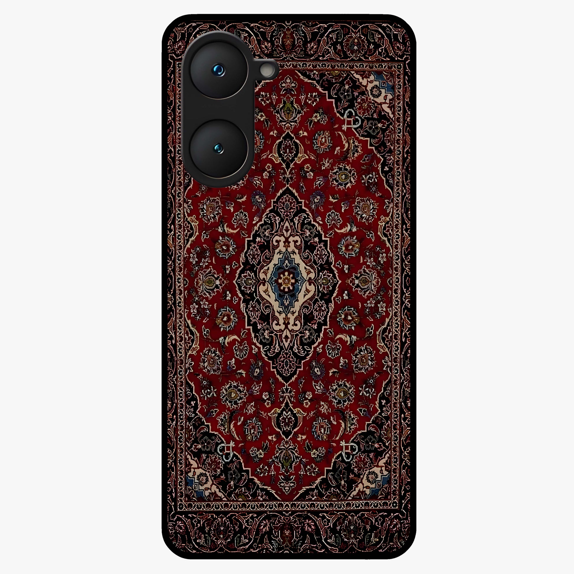 Heritage Carpet Royale Glass Case showing flat back view with ornate Persian carpet inspired pattern and glossy glass finish.