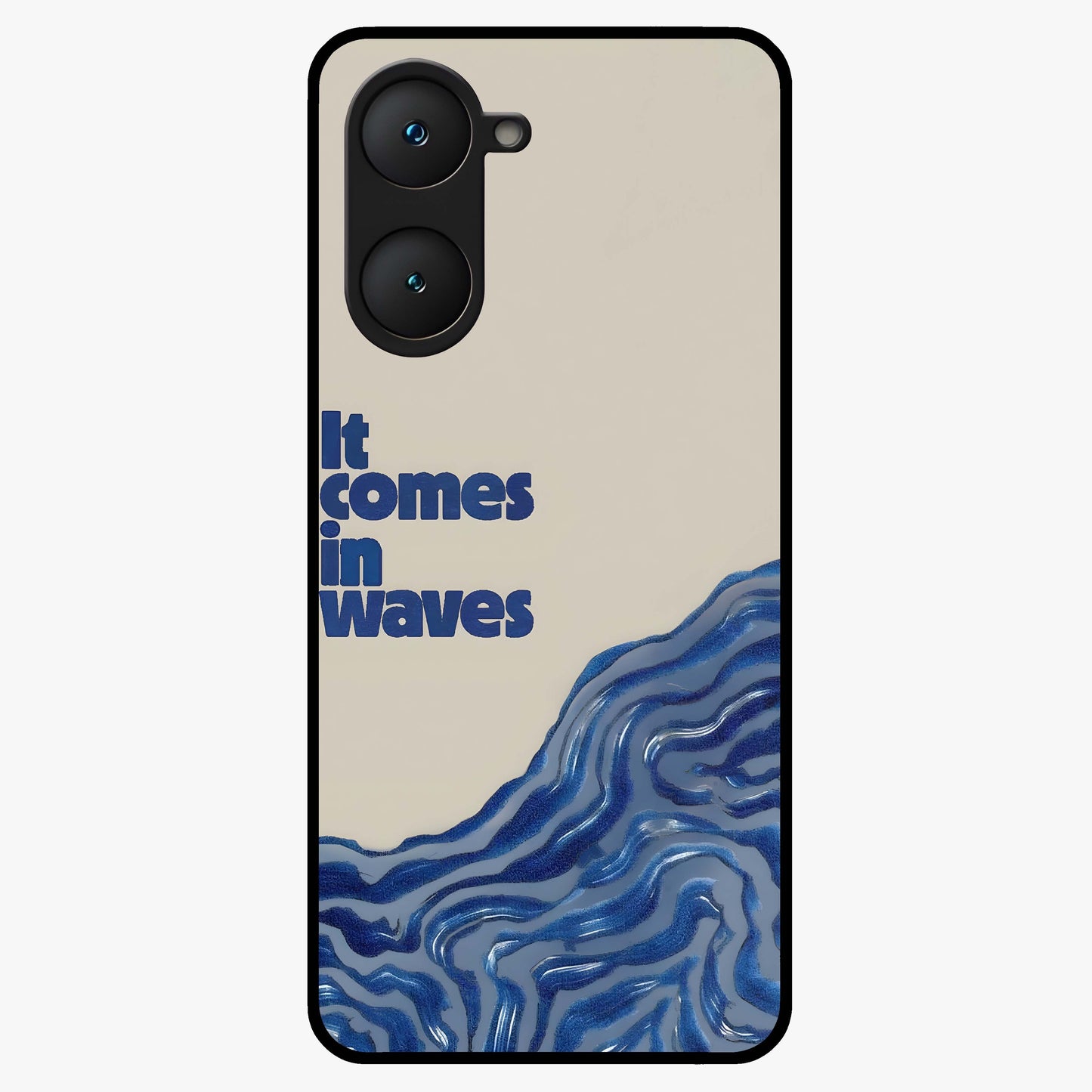 It Comes In Waves Quote Glass Case showing flat back view with inspirational wave themed quote artwork and glossy glass finish.