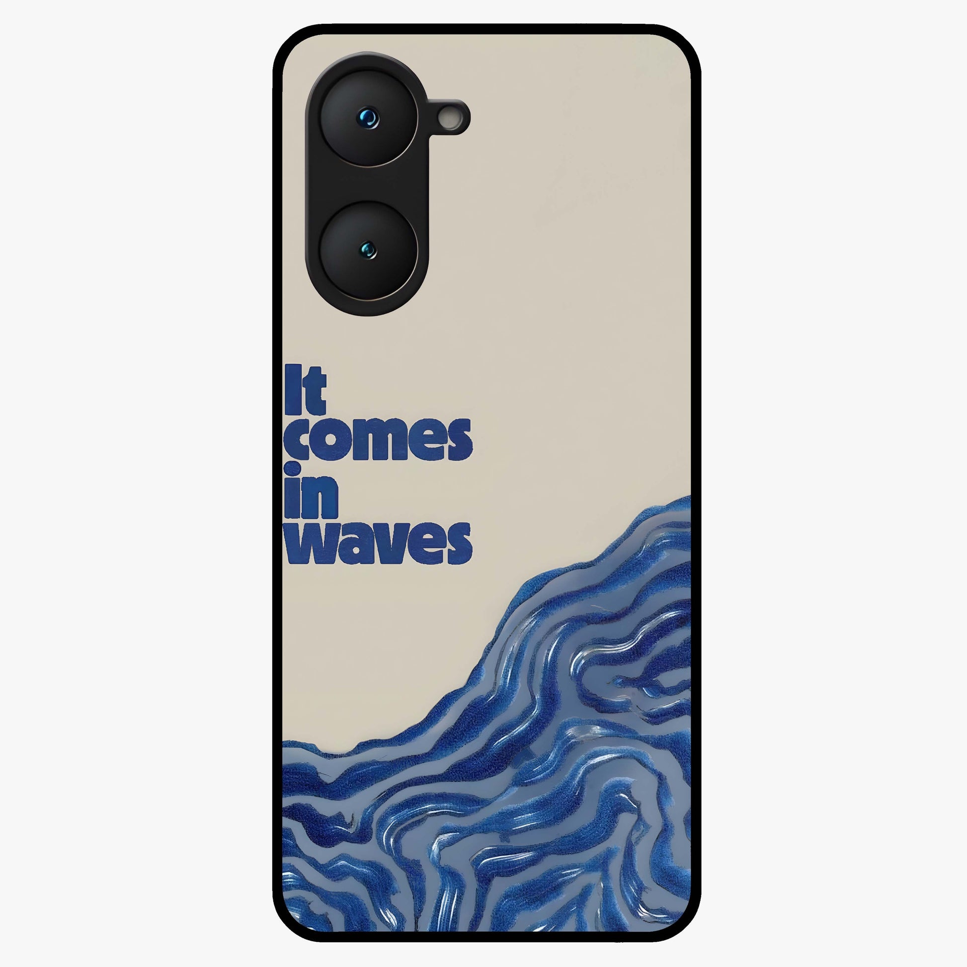 It Comes In Waves Quote Glass Case showing flat back view with inspirational wave themed quote artwork and glossy glass finish.