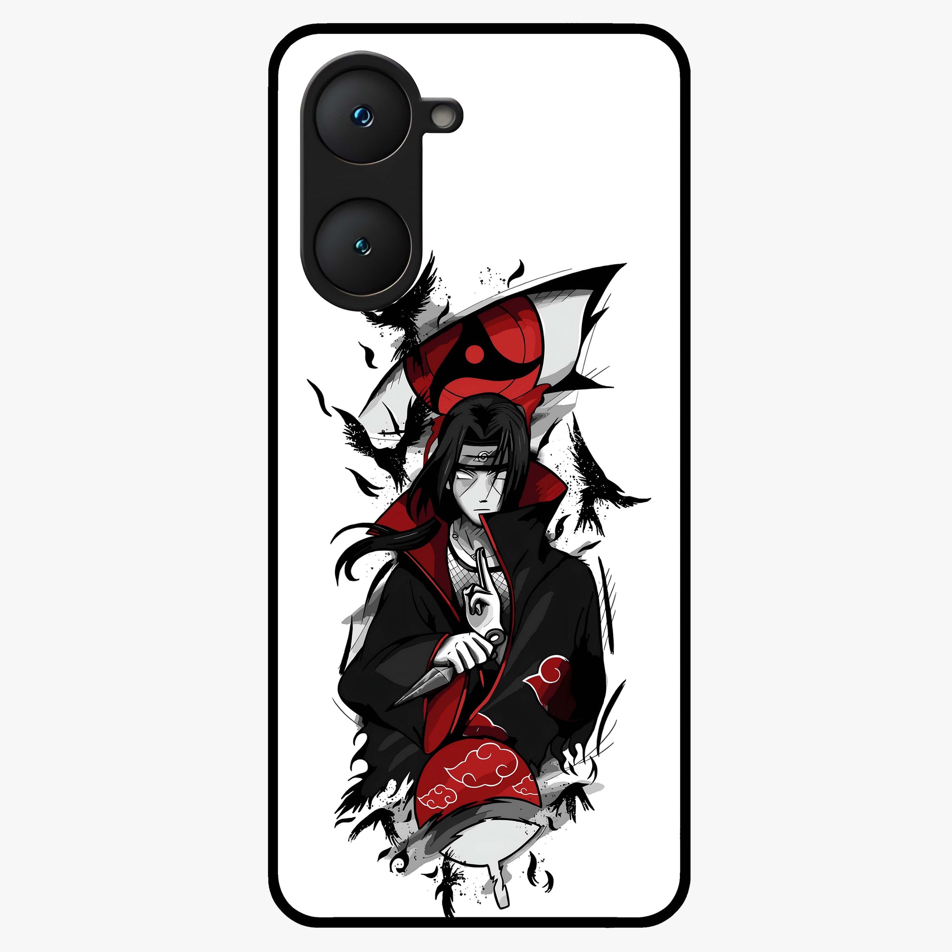 Itachi Sharingan Glass Case showing flat back view with powerful anime eye artwork and glossy glass finish.