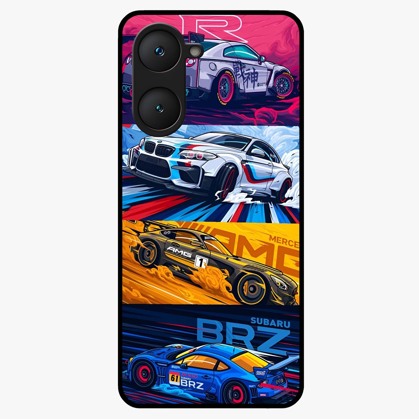 JDM Sports Car Glass Case showing flat back view with high performance sports car artwork and glossy glass finish.
