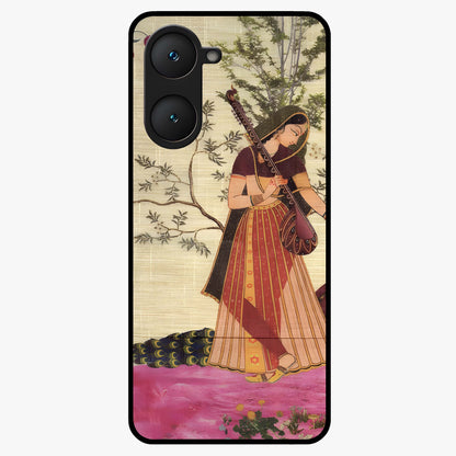Lady With Veena Art Glass Case showing flat back view with elegant woman playing veena artwork and glossy glass finish.
