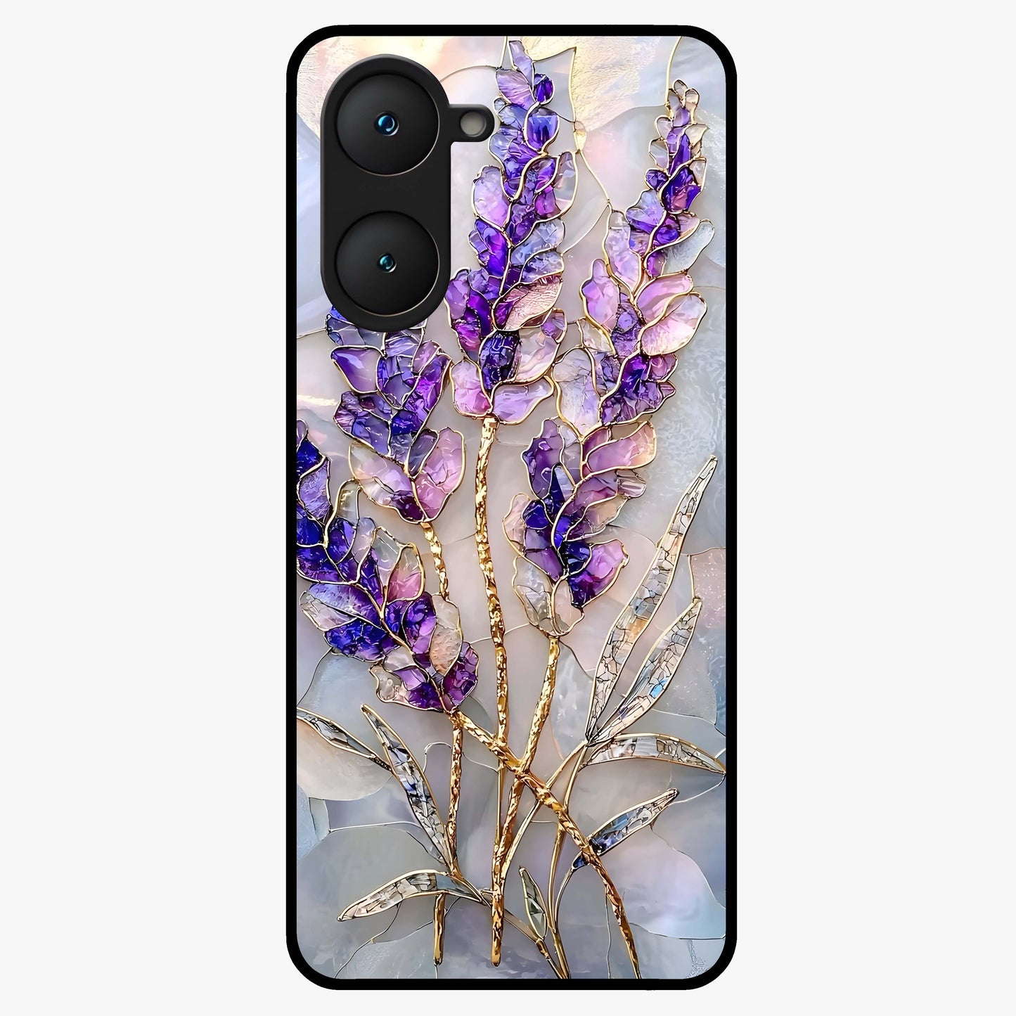 Lavender Dream Glow Glass Case showing flat back view with glowing lavender aesthetic artwork and glossy glass finish.
