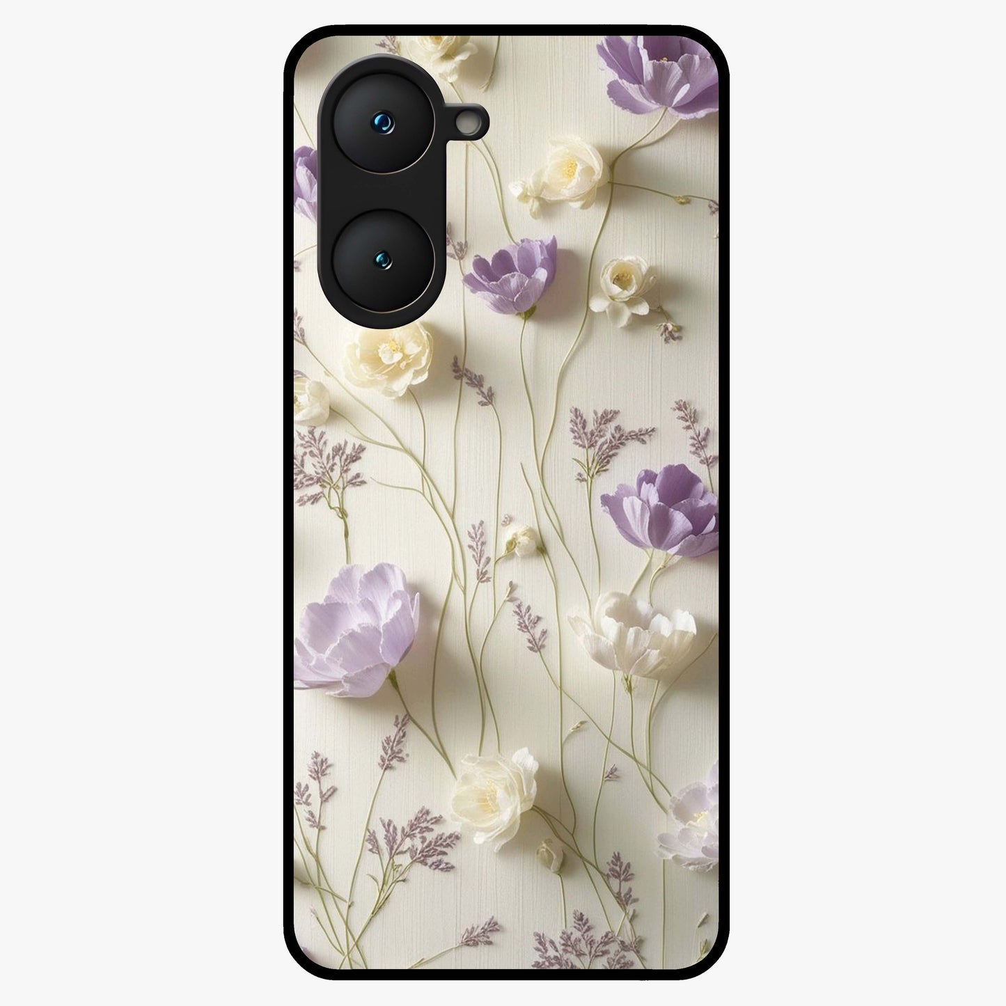 Lilac Breeze Harmony Glass Case showing flat back view with soft lilac themed artwork and glossy glass finish.