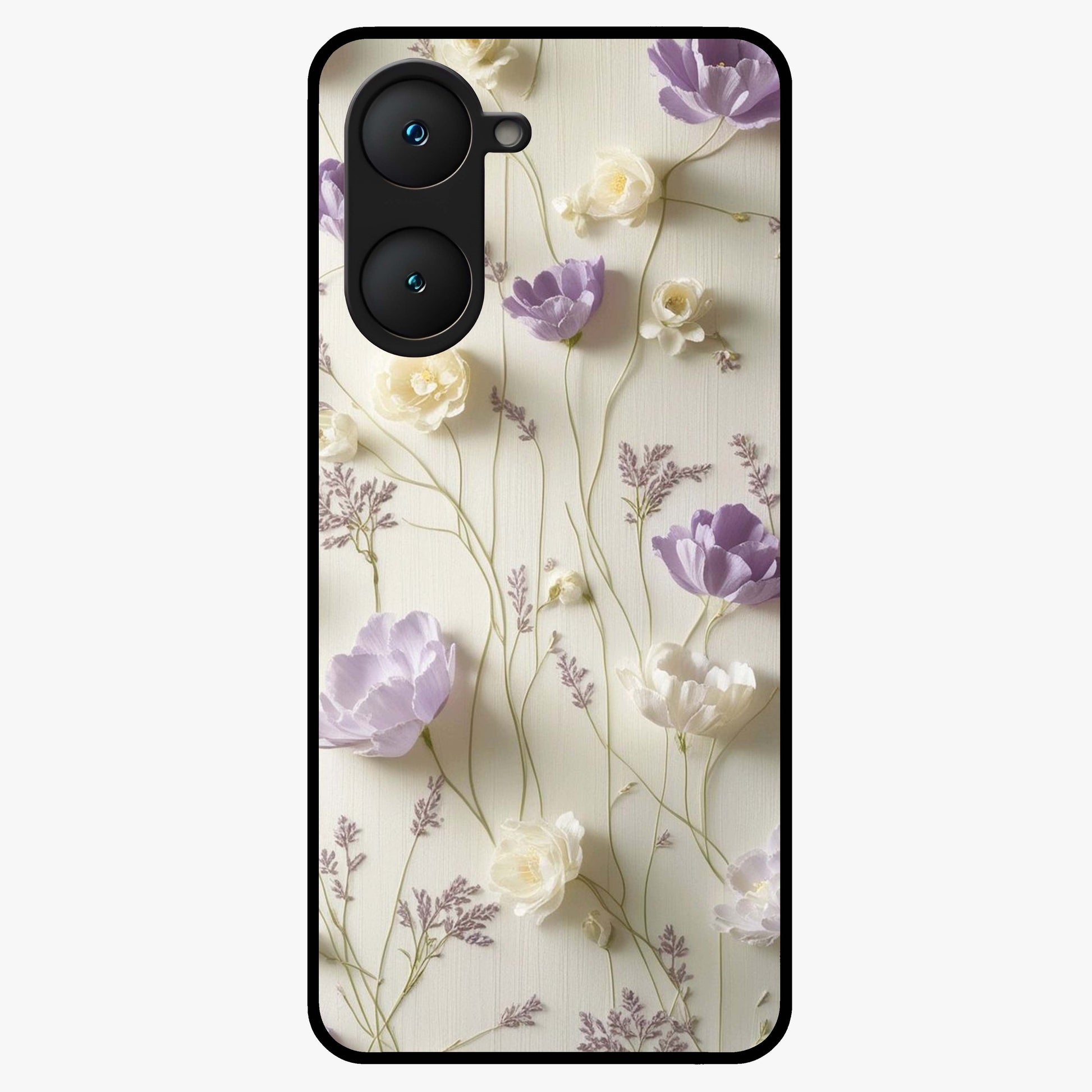 Lilac Breeze Harmony Glass Case showing flat back view with soft lilac themed artwork and glossy glass finish.
