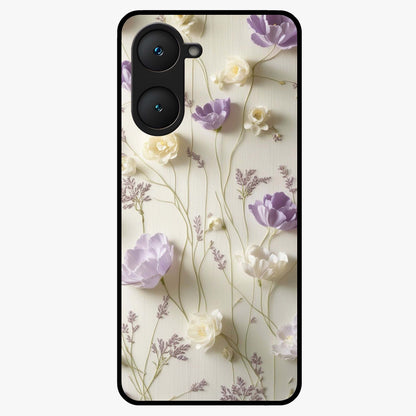 Lilac Breeze Harmony Glass Case showing flat back view with soft lilac themed artwork and glossy glass finish.