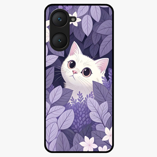 Lilac Hide Peek Cat Glass Case showing flat back view with cute peeking cat artwork and glossy glass finish.