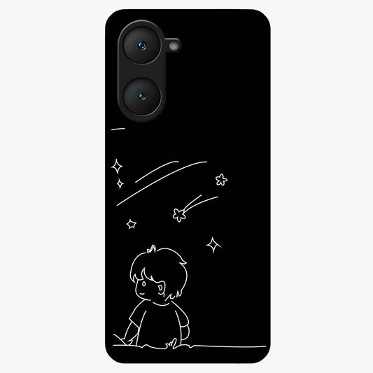 Line Art Boy With Shooting Stars Glass Case showing flat back view with minimal line art boy and shooting stars illustration and glossy glass finish.