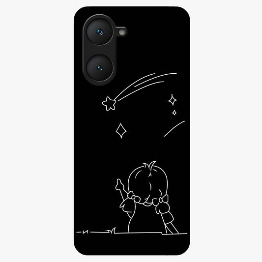 Line Art Girl With Shooting Stars Glass Case showing flat back view with minimal line art girl and shooting stars illustration and glossy glass finish.