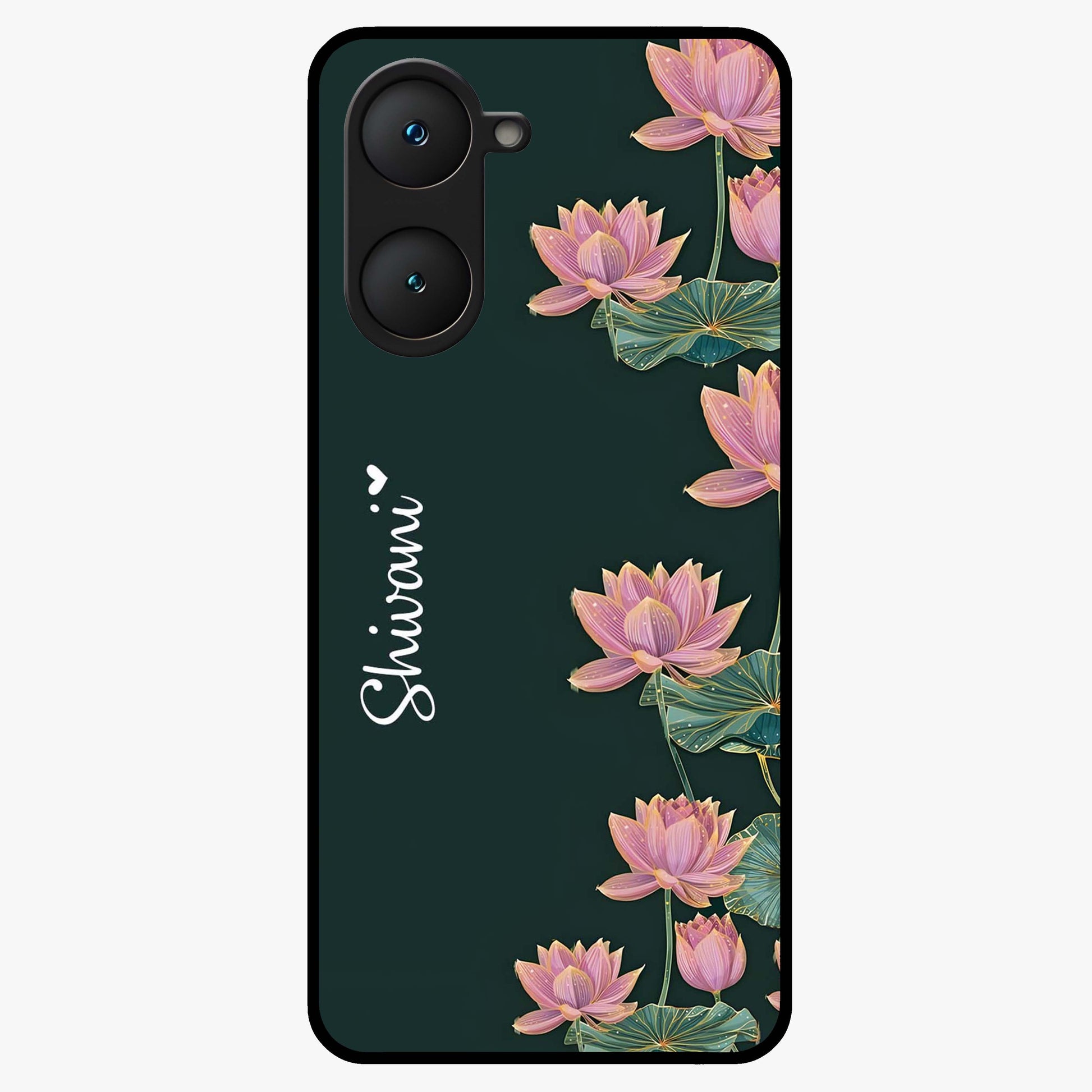 Lotus Bloom Serenity Custom Name Glass Case showing flat back view with elegant lotus flower artwork and personalized name design.