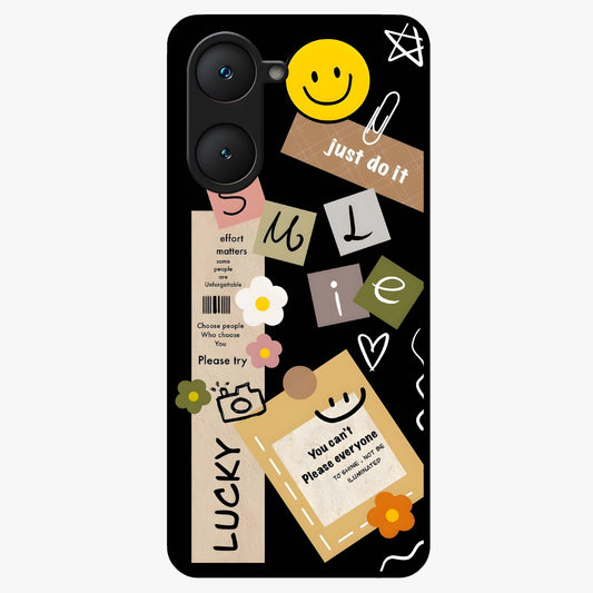 Lucky Aesthetic Collage Glass Case showing flat back view with trendy aesthetic collage artwork and glossy glass finish.