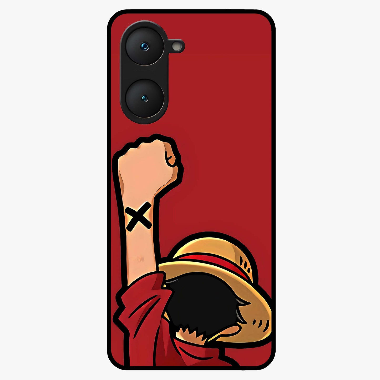 Luffy X Spirit Glass Case showing flat back view with bold anime character artwork and glossy glass finish.