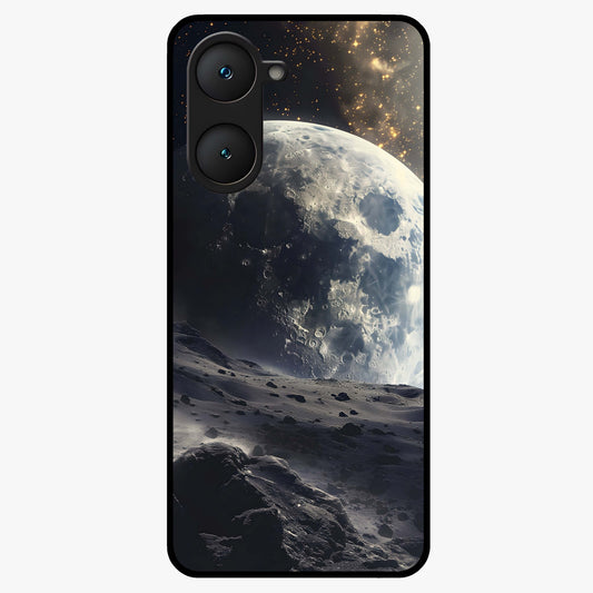Lunar Horizon Glow Glass Case showing flat back view with glowing moon horizon artwork and glossy glass finish.