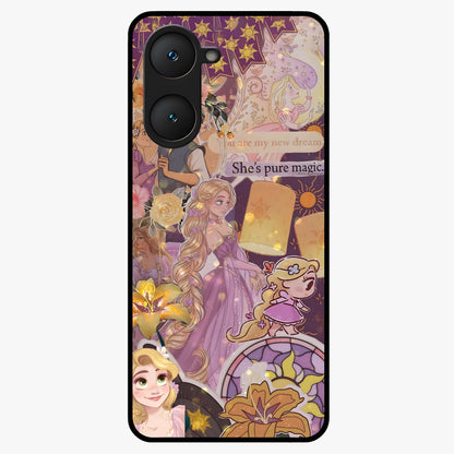 Magical Tangled Dream Glass Case showing flat back view with dreamy tangled artwork and glossy glass finish.