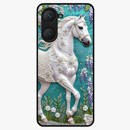 Majestic Floral Stallion Glass Case showing flat back view with powerful horse and floral artwork and glossy glass finish.