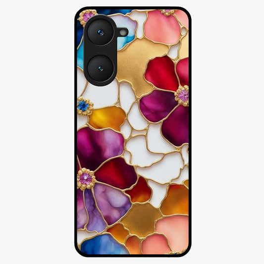 Marble Flower Pattern Glass Case showing flat back view with marble texture floral artwork and glossy glass finish.