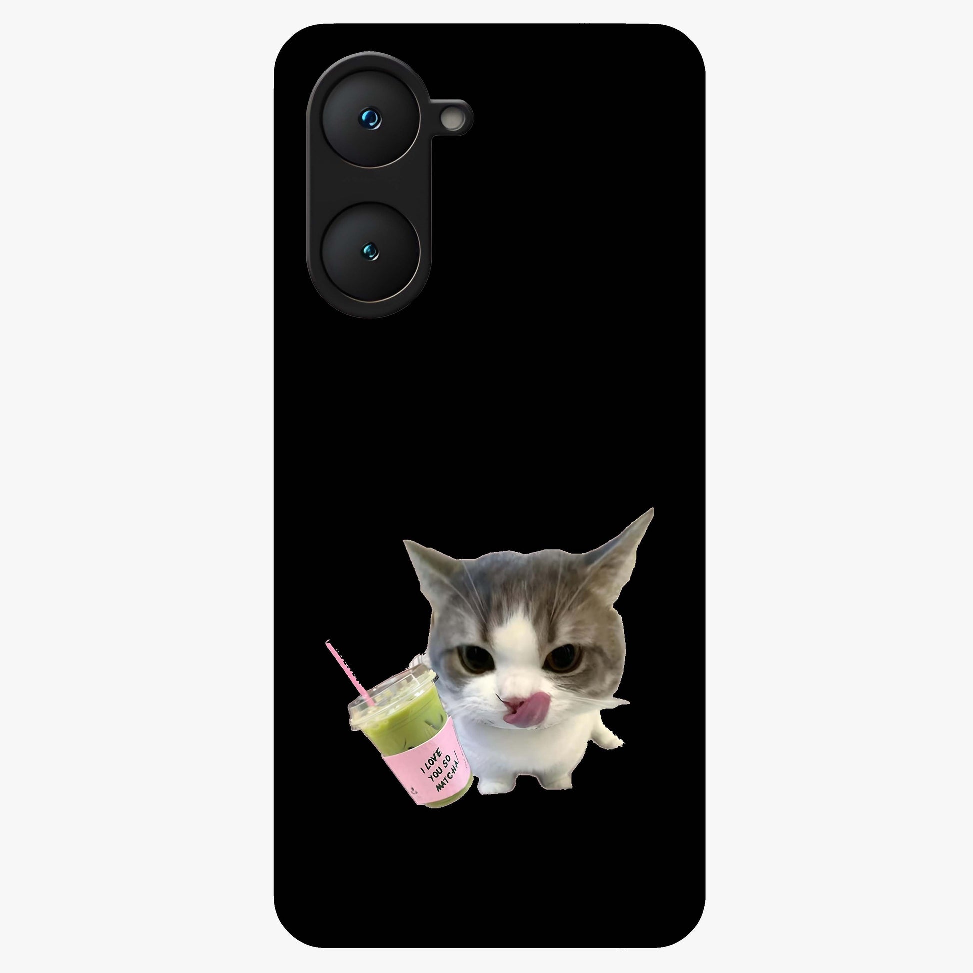 Matcha Cat Style Glass Case showing flat back view with cute matcha themed cat artwork and glossy glass finish.