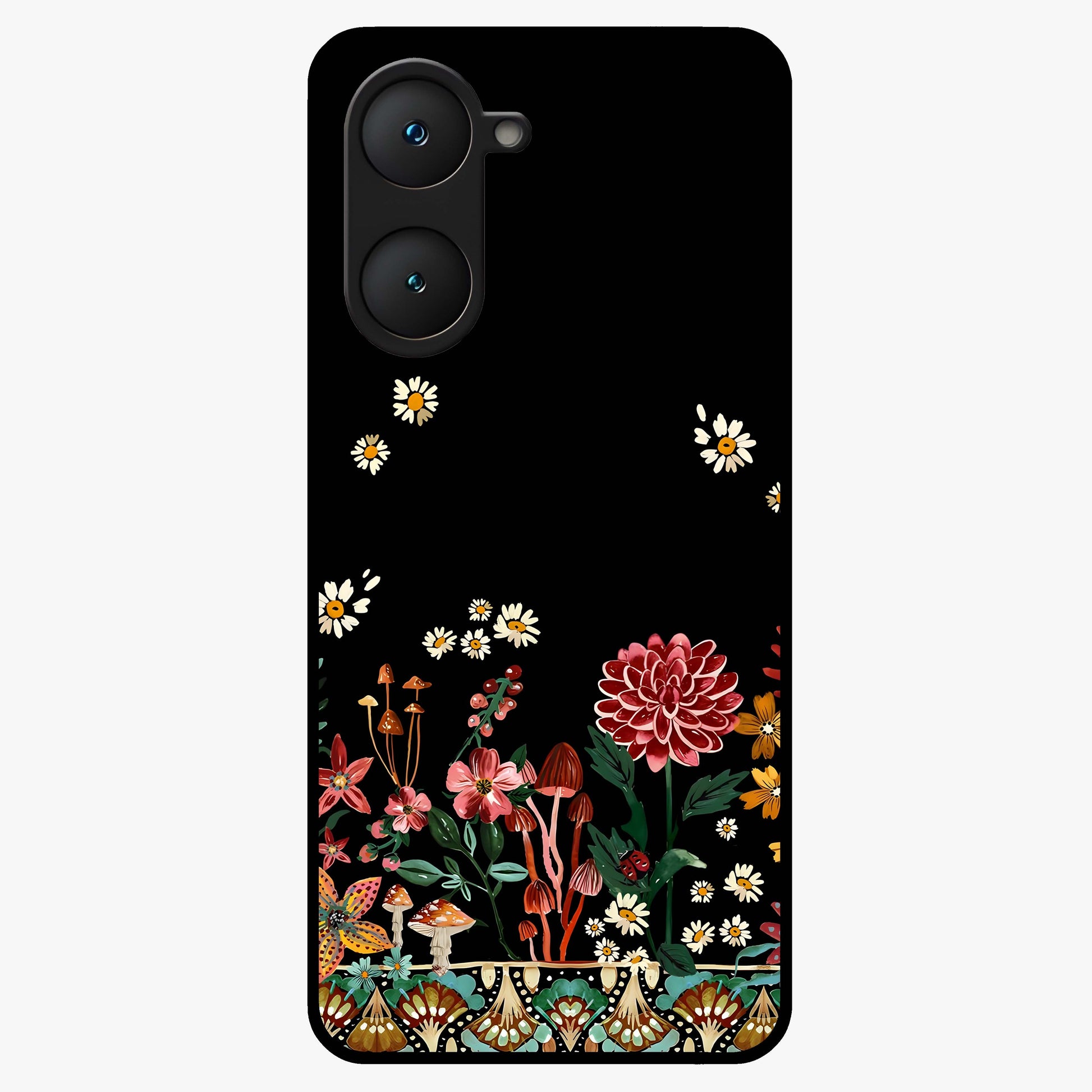 Midnight Bloom Pattern Glass Case showing flat back view with dark floral pattern artwork and glossy glass finish.