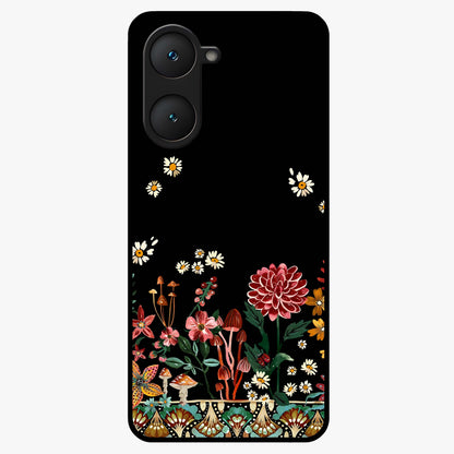 Midnight Bloom Pattern Glass Case showing flat back view with dark floral pattern artwork and glossy glass finish.
