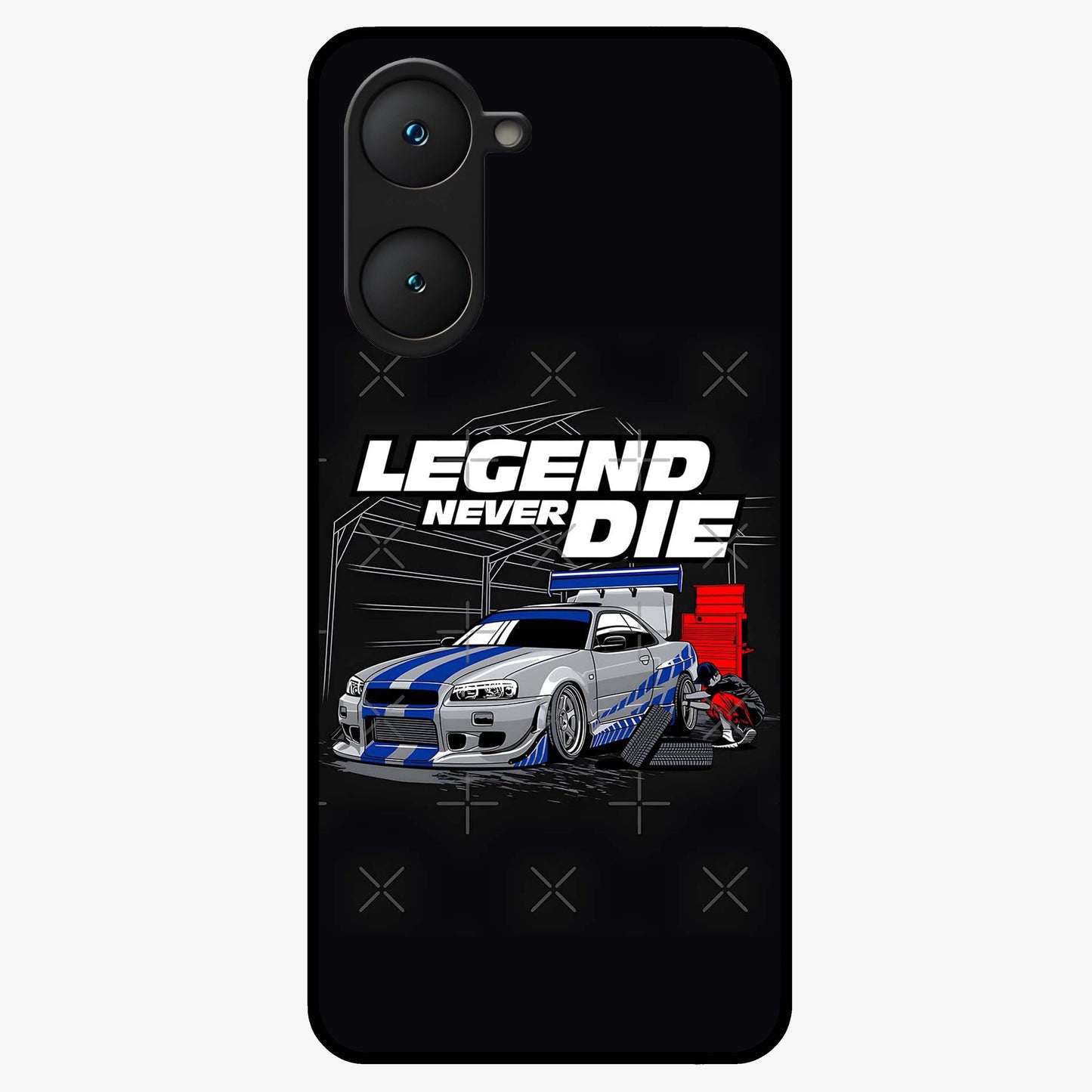 Midnight Racing Legacy Glass Case showing flat back view with sleek racing inspired artwork and glossy glass finish.