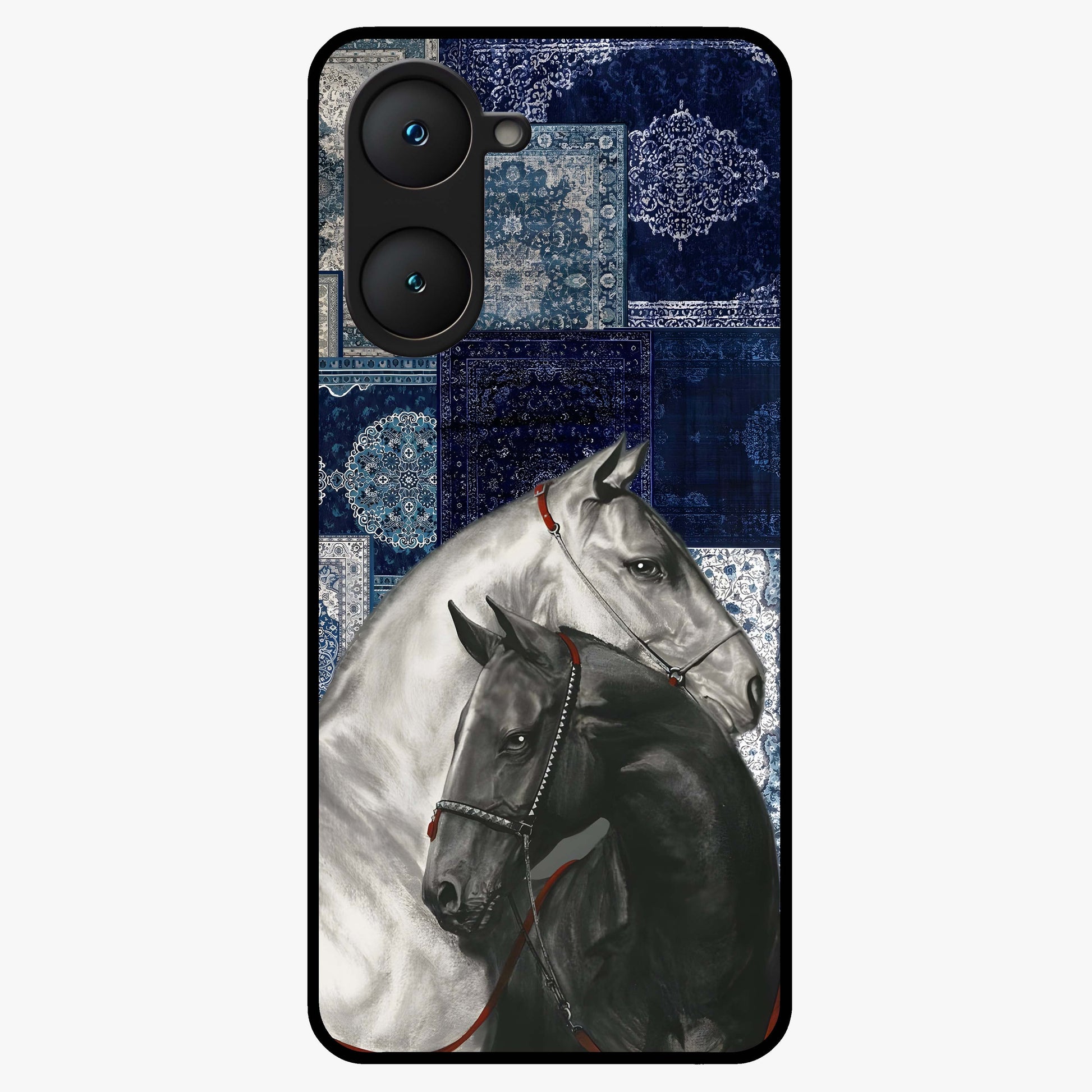 Midnight Stallion Blues Glass Case showing flat back view with majestic horse artwork and glossy glass finish.