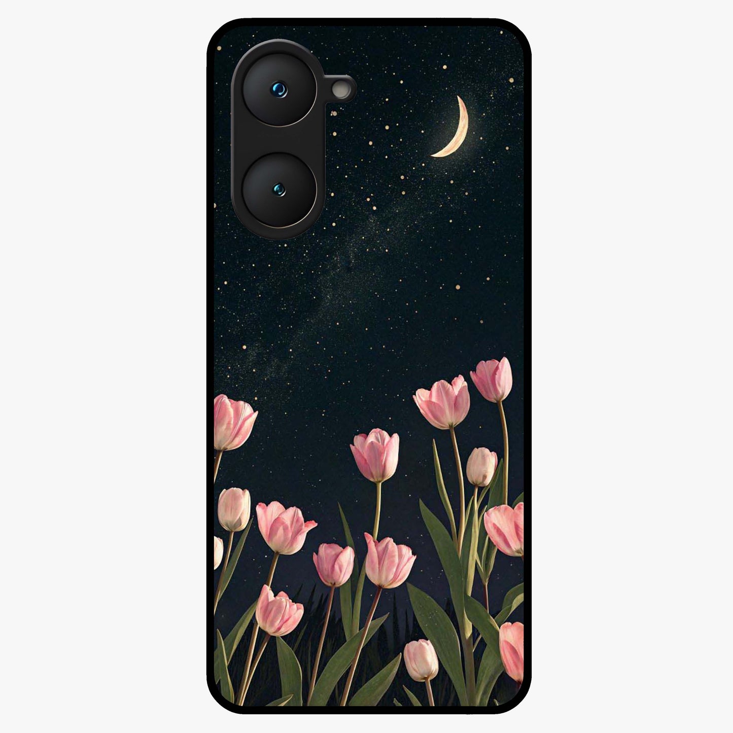 Midnight Tulip Whispers Vibe Glass Case showing flat back view with elegant tulip flower artwork and glossy glass finish.