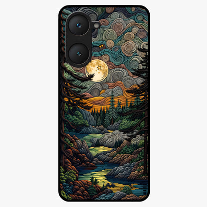 Moonlight Forest Dream Glass Case showing flat back view with mystical forest moonlight artwork and glossy glass finish.