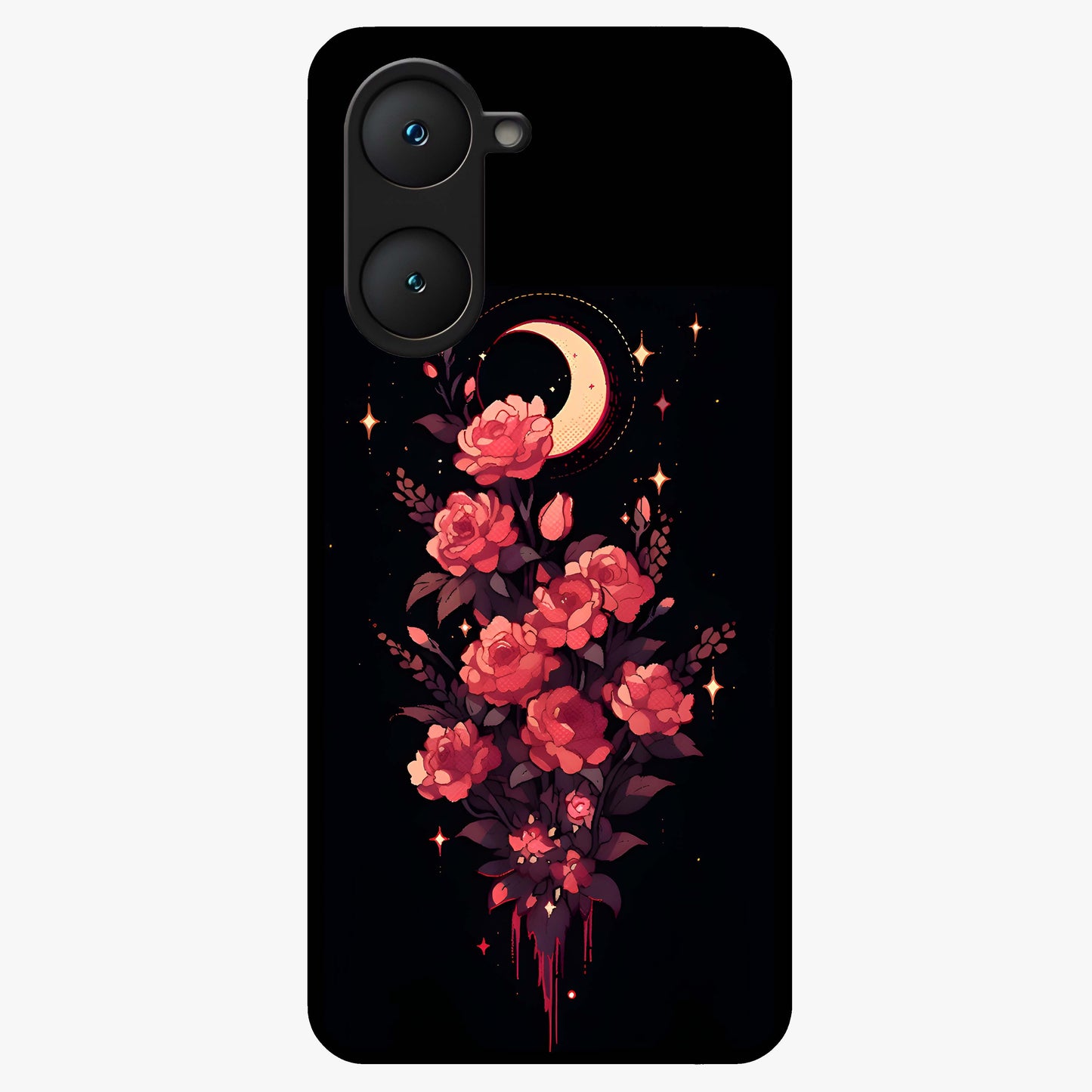 Moonlit Floral Elegance Glass Case showing flat back view with elegant floral artwork under moonlit tones and glossy glass finish.