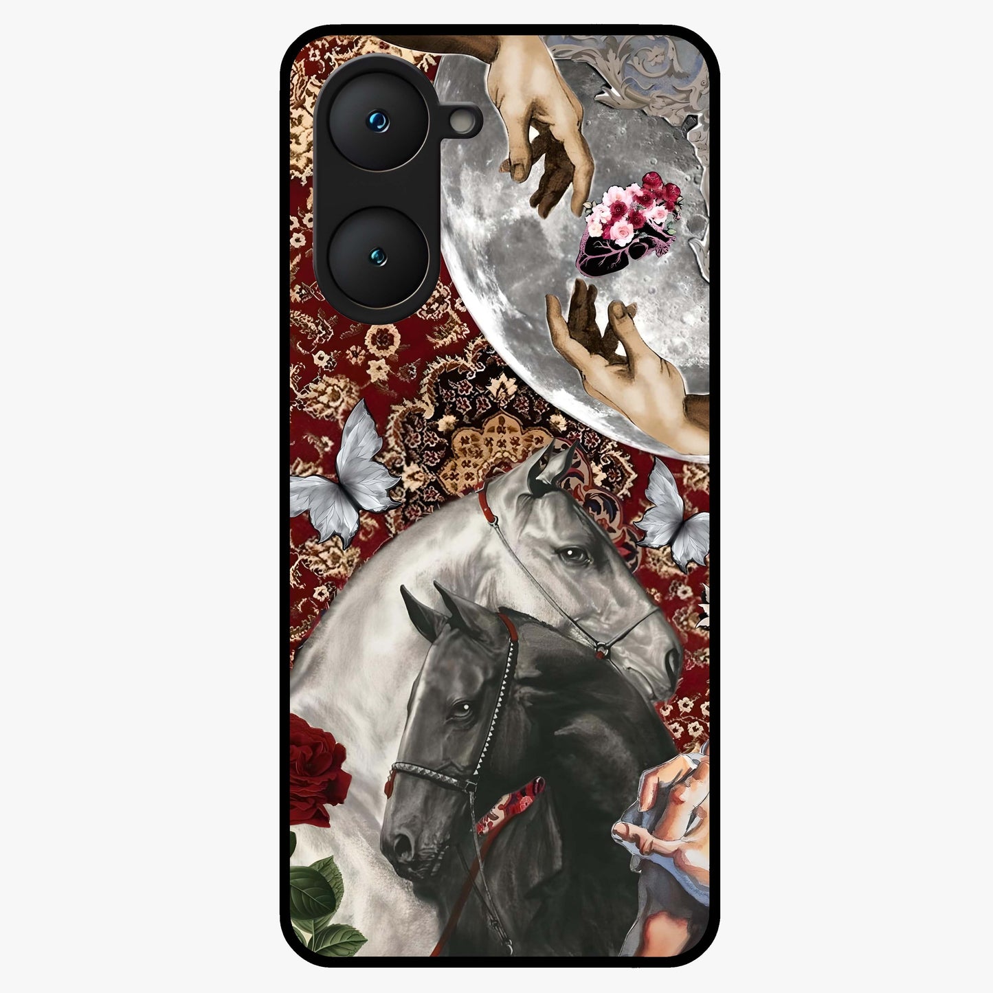 Moonlit Royal Stallion Glass Case showing flat back view with majestic horse under moonlight artwork and glossy glass finish.